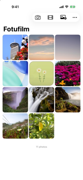 The Fotufilm library screen: a grid of photographs to choose from, with camera, video, import and menu buttons along the top.