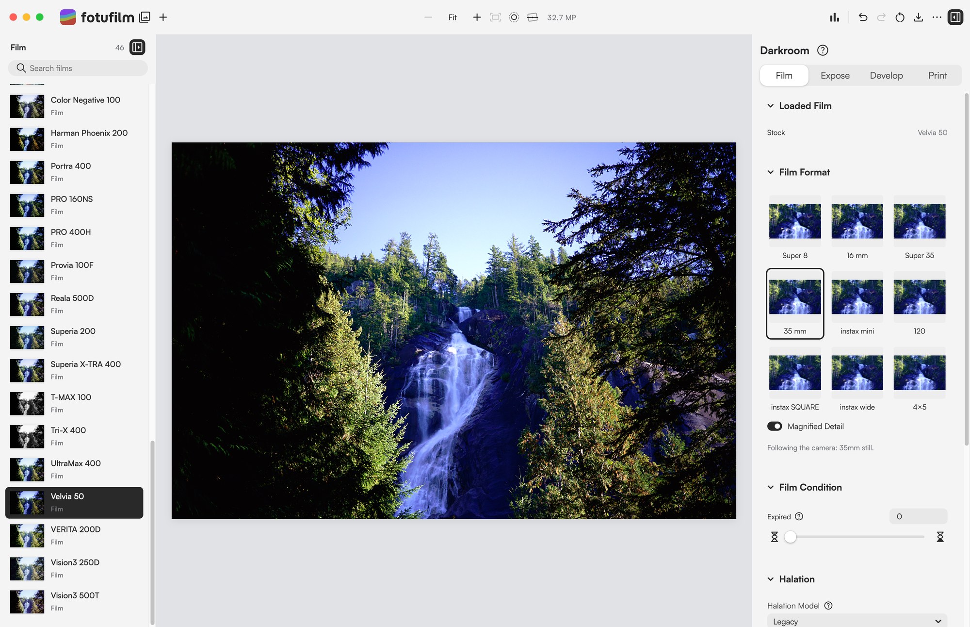 Fotufilm on Mac with Velvia 50 selected